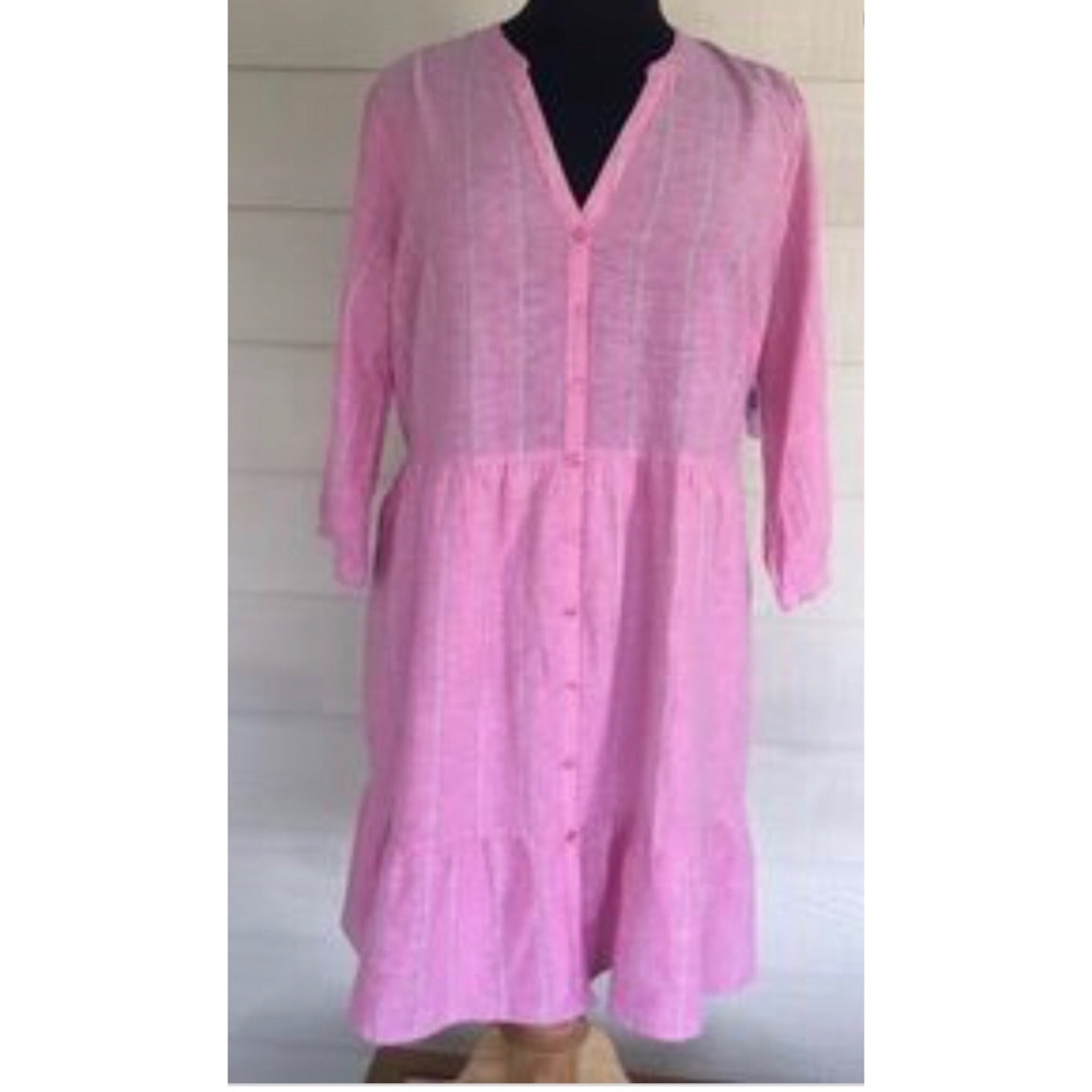 Old Navy Soft Pink Linen Chambray Cotton Blend Preppy Stripe Shirt